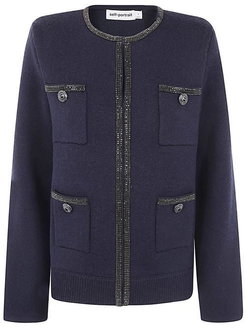 Navy Embellished Knit Cardigan In Black SELF PORTRAIT | AW24168CBL